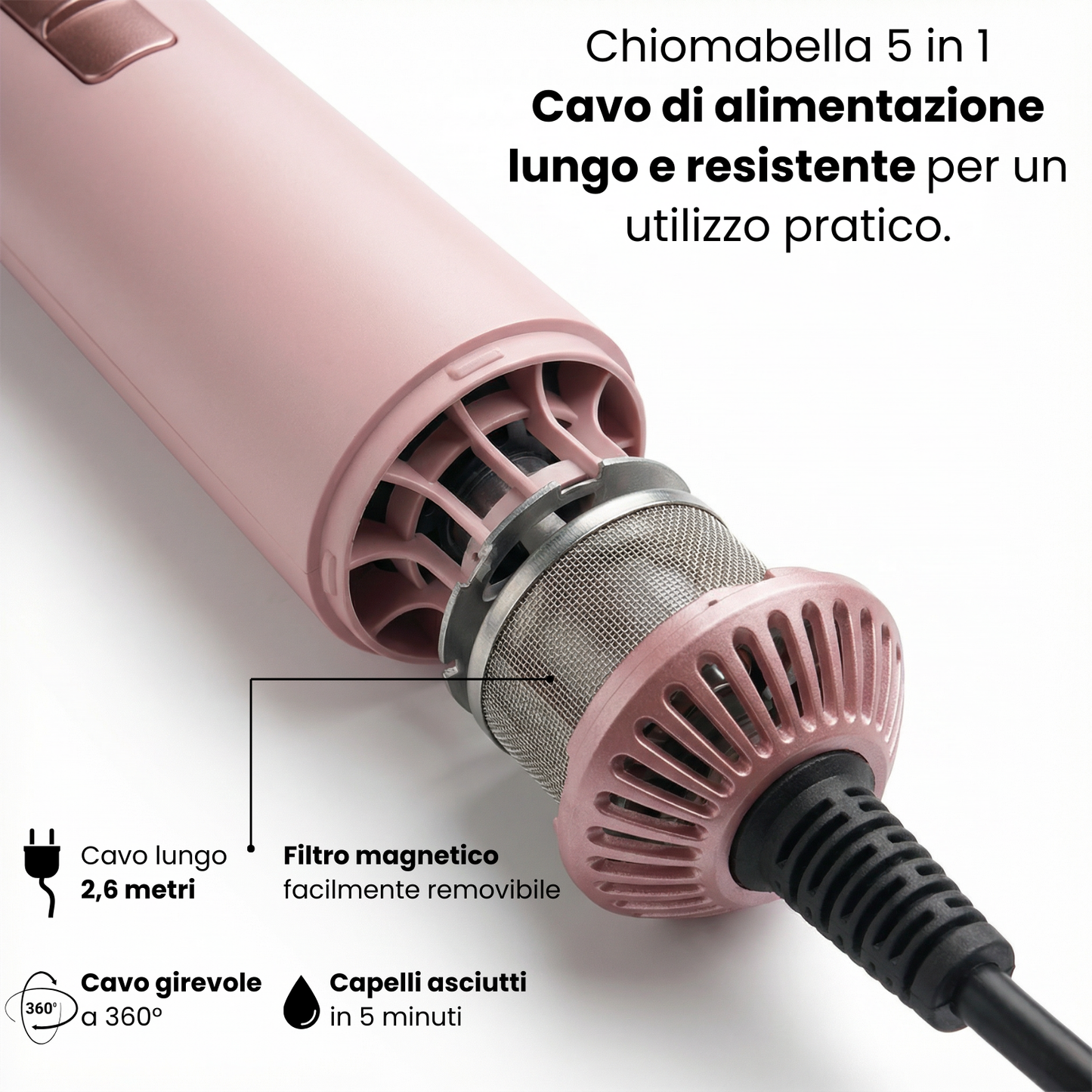 Chiomabella® Asciugacapelli AirStyler – 5 in 1 Rosa